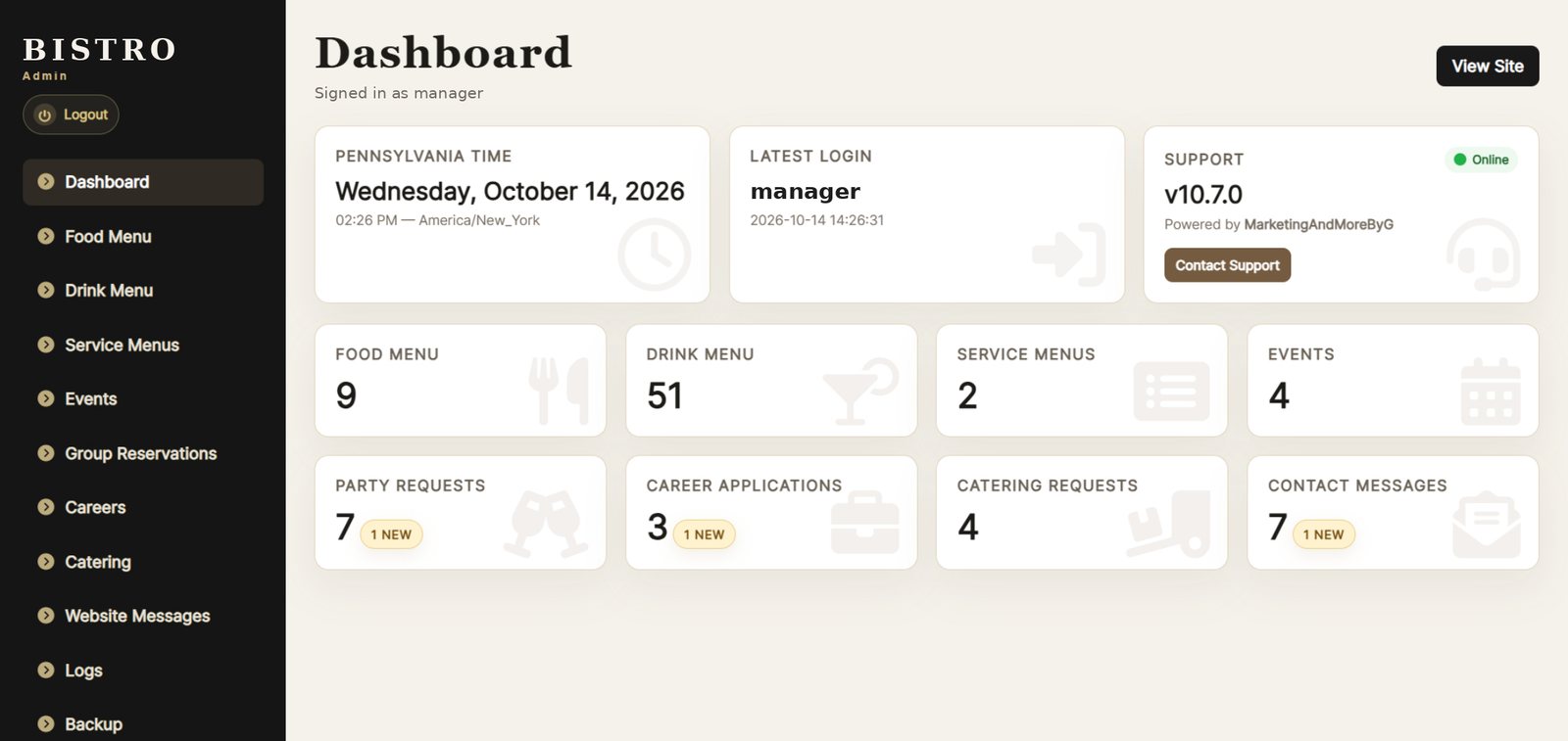 Custom admin dashboard built for a restaurant client, showing counts for menus, events and new requests. Client name and user details hidden.