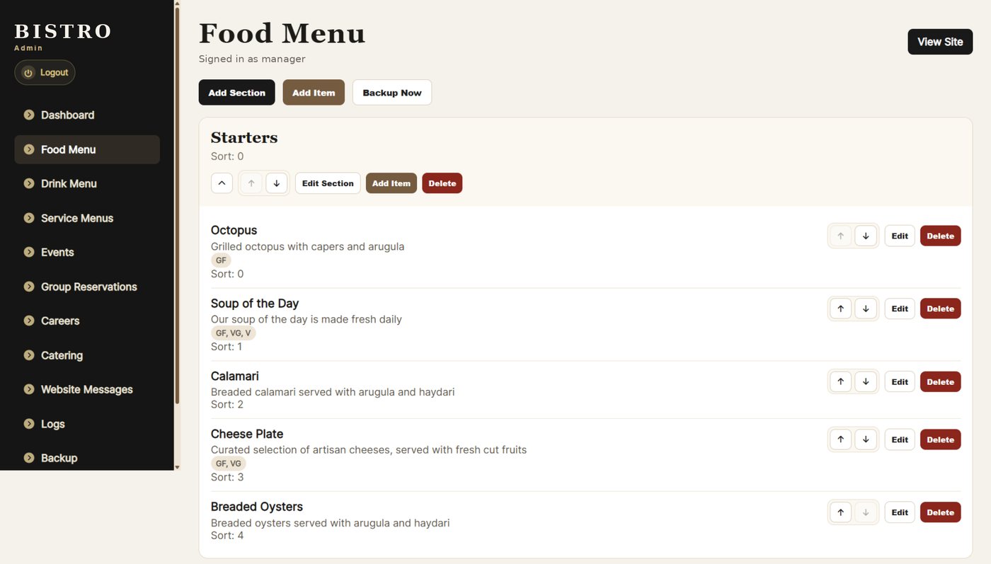 Admin panel food menu editor with sections such as Starters, Savory Egg Plates and Omelettes, each item with dietary tags, sort controls, edit and delete buttons