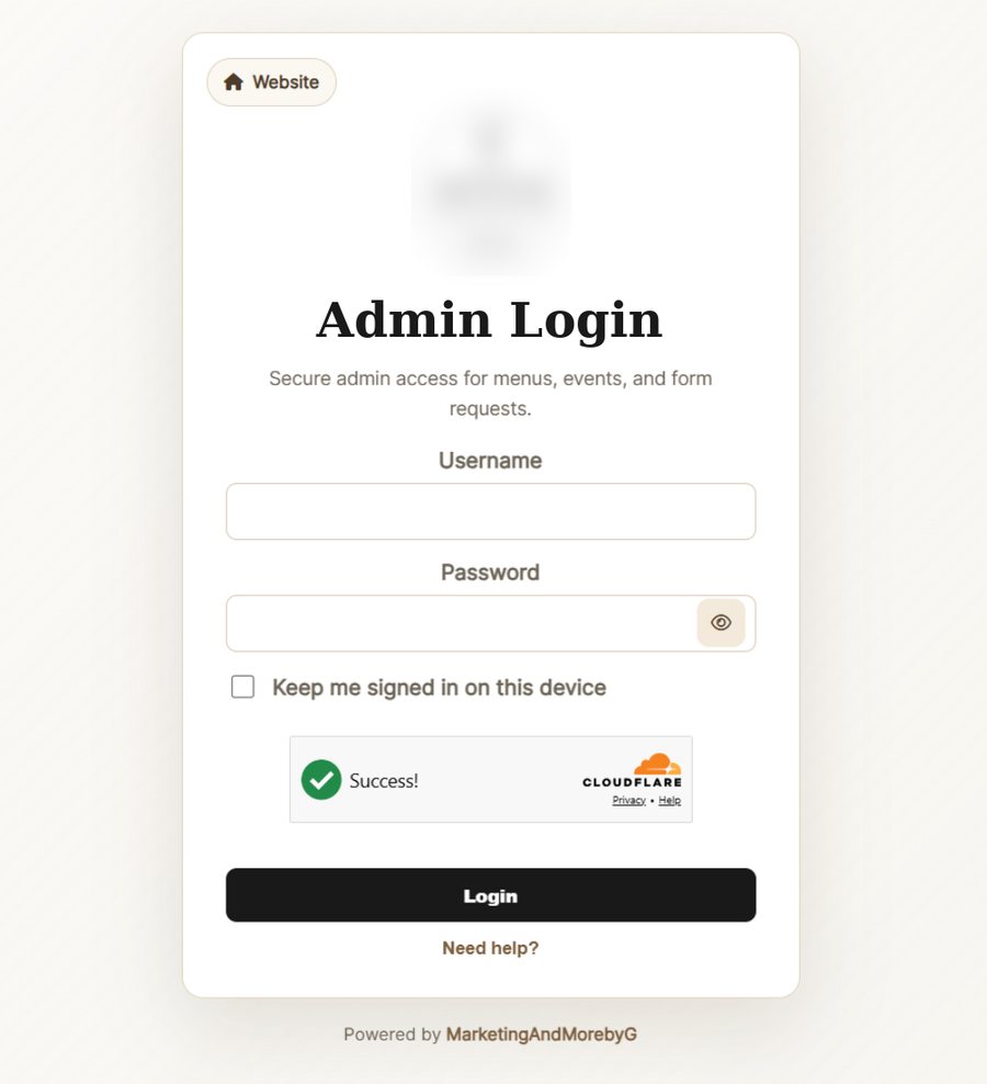 Admin login page with Cloudflare Turnstile verification. Client logo hidden.