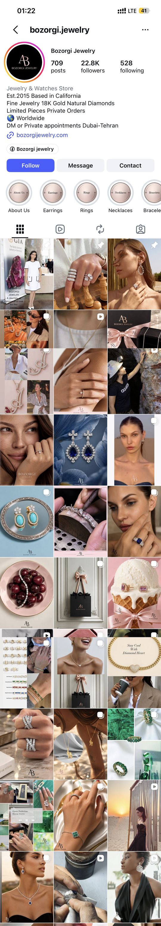 Bozorgi Jewelry Instagram profile and grid