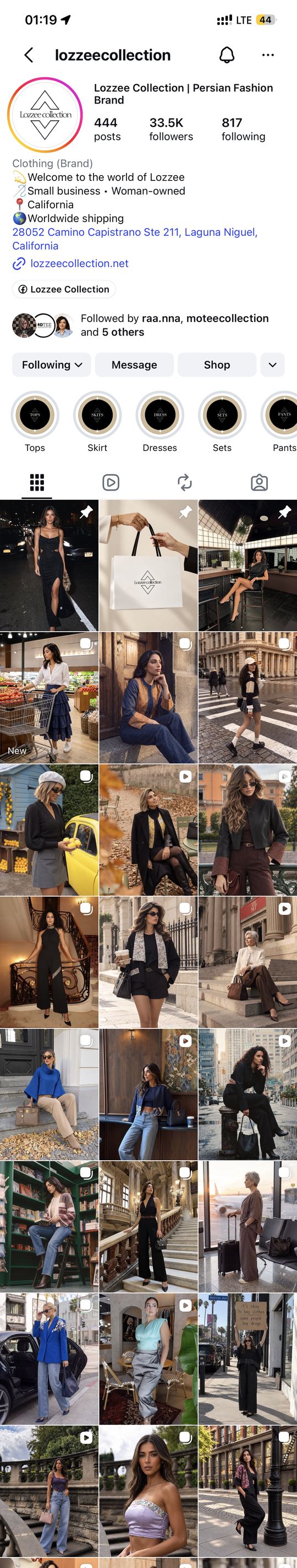 Lozzee Collection Instagram profile and grid