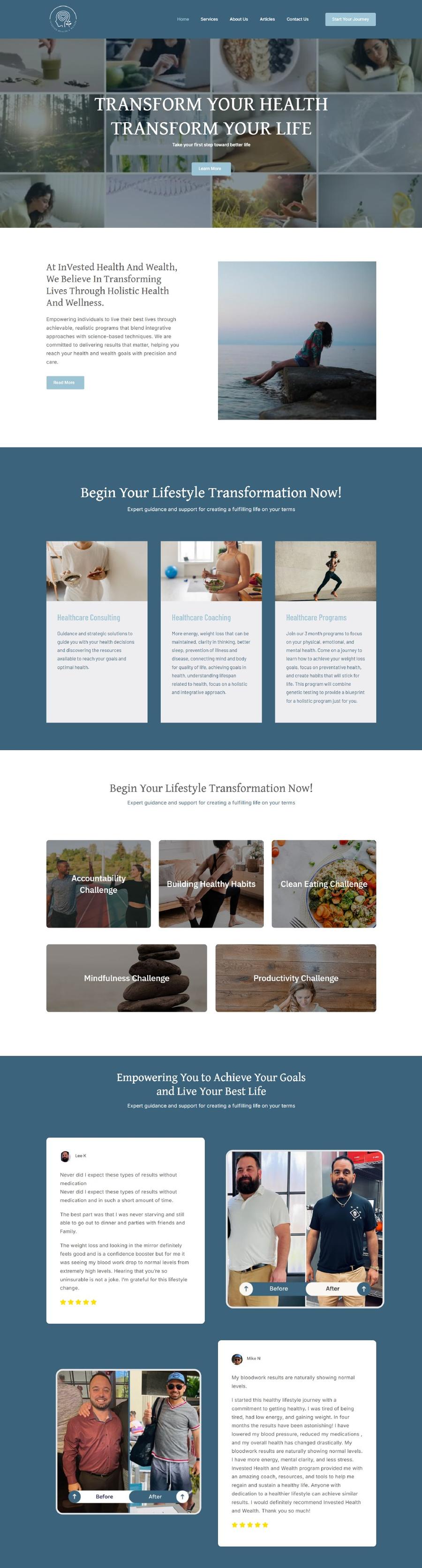 Invested Health & Wealth home page, full length