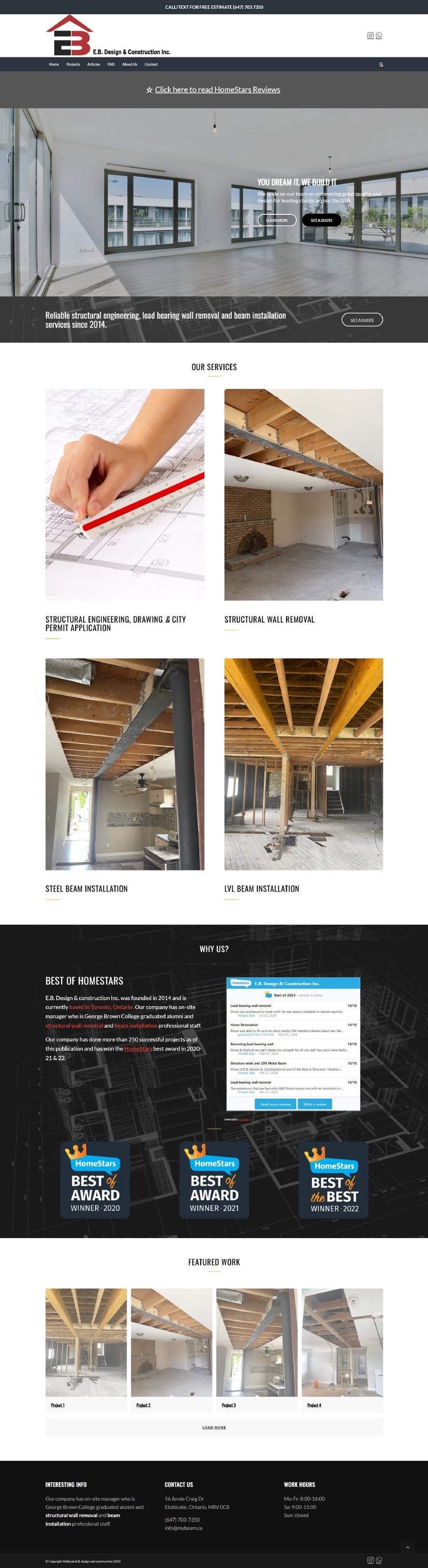 E.B. Design & Construction home page, full length